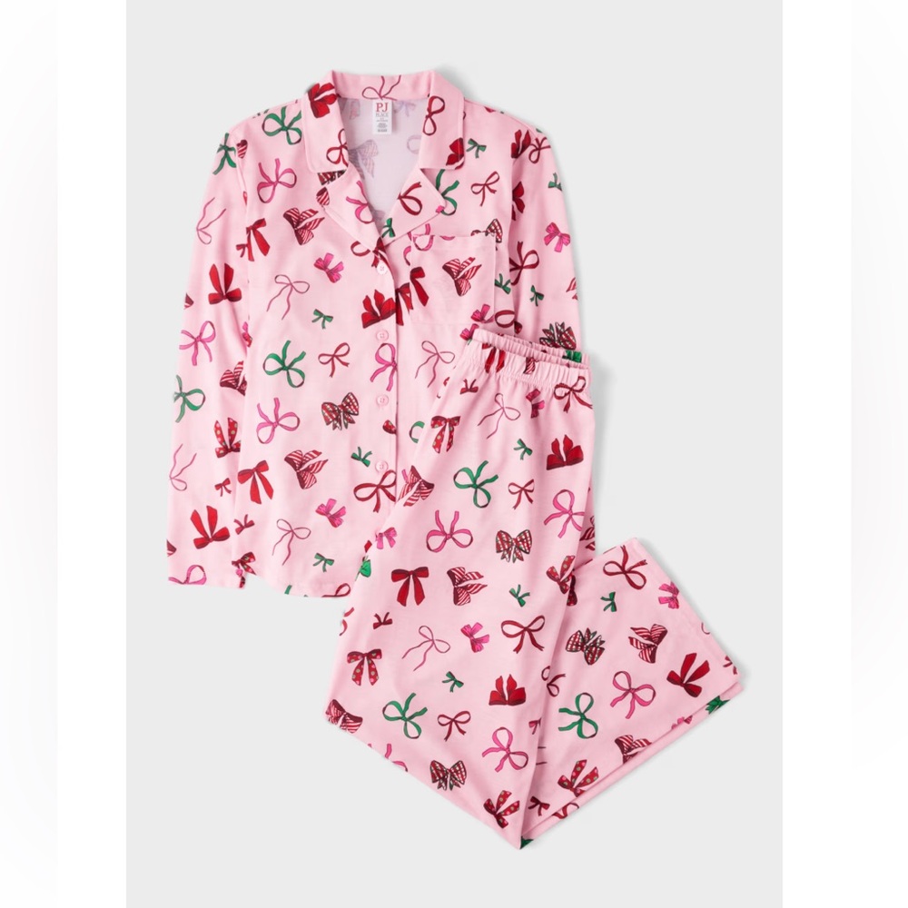 Kids Pink Bow Print Pajamas-Holiday Set Youth Large